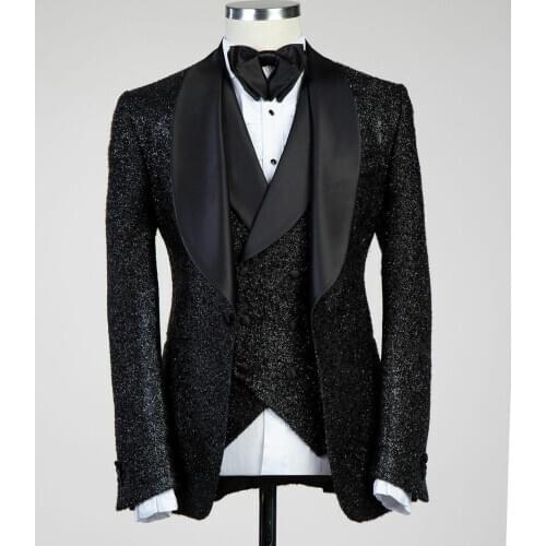 Fashion Black Sequins Men Suits Three Pieces Shawl Lapel Designer Wedding Tuxedos Mens Jacket Vest Pants