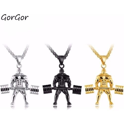 GorGor Fashion Style Jewelry Titanium Steel Hercules Weightlifting Gold Korean Style Mens Pendant Necklace 1218