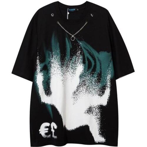 Men Summer Punk Rock T Shirt With Necklace Streetwaer Loose Short Sleeve Soul Pattern Tee Dark Fashion Graffiti T-shirt