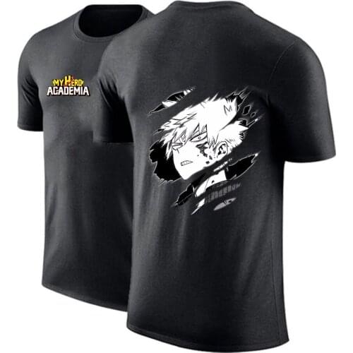 Mens Anime My Hero Academia Bakugou Katsuki Comfortable T Shirt Summer Black Cotton Short Sleeves Brand Print Tees