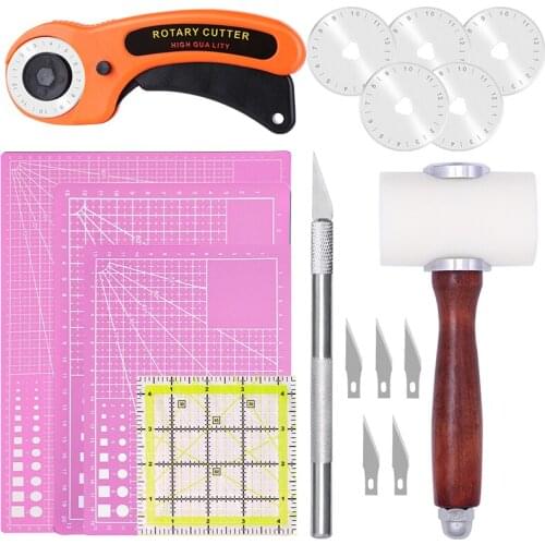 LMDZ Leather Craft Set 45mm Rotating Props Cutting Board with 5 Blades Carving Knife Acrylic Ruler and T-shaped Nylon Hammer