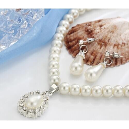 New Water Drop Faux Pearl Beaded Rhinestone Bridal Necklace & Earrings Jewelry Set for Women Birthday Gift Party New Chic