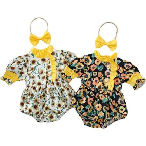 Toddler Baby Girls Clothes Sunflower Print Romper Headbands Princess Jumpsuit Summer 2021 baby clothes outfit