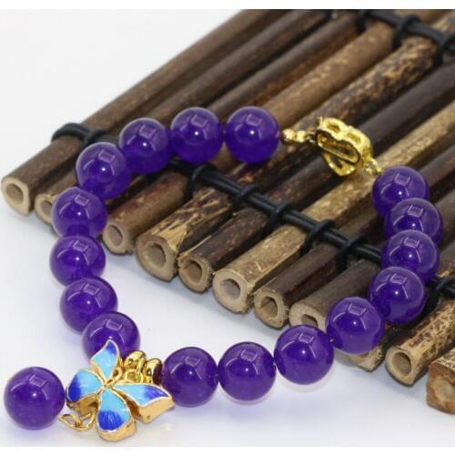 Original 10mm bracelets for women purple jades stone chalcedony round beads gold-color cloisonne spacer jewelry 7.5inch B2722