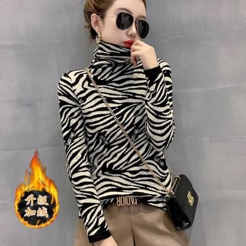 Autumn Winter Long-Sleeved Womens Zebra Print Turtleneck T-shirt Top