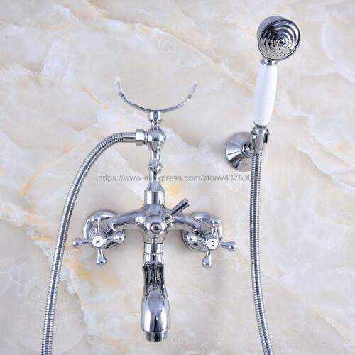 Polished Chrome Dual Cross Handles Bathtub Shower Faucet Wall Mount Bathroom Tub Faucet with Handheld Sprayer Nna759