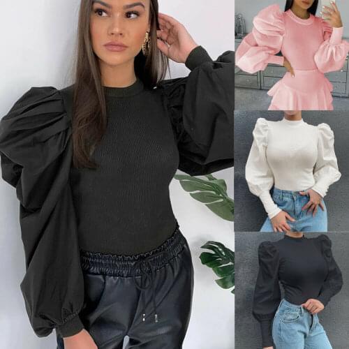 New Womens Retro Long Puff SleeveT Shirts Spring Fall Black White Solid Fashion Elegant Tops Female Clothes