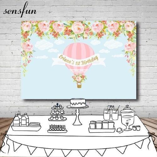 Sensfun Pink Flowers Sky Blue Photography Backdrop Hot Air Balloon Newborn Baby Shower 1st Birthday Party Backgrounds Vinyl