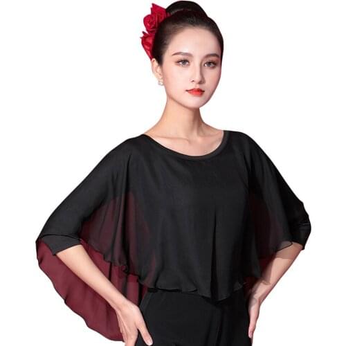 Ruffle Gauze Sleeve Modern O-neck Sexy Latin Dance Clothes Top for Women,Ballroom Black Costume Practice Performance Wear