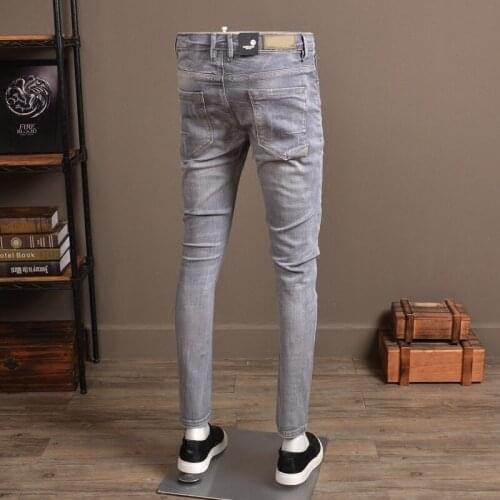 European Style Vintage Slim Fit Jeans Men Stretch Denim Pants Spring Mens Solid Long Jeans Casual Trousers for Male Light Grey
