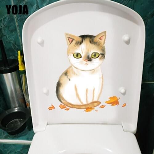 YOJA 23.8×25CM Cartoon Cat With Autumn Leaves Home Room Wall Stickers WC Toilet Decoration T1-2475