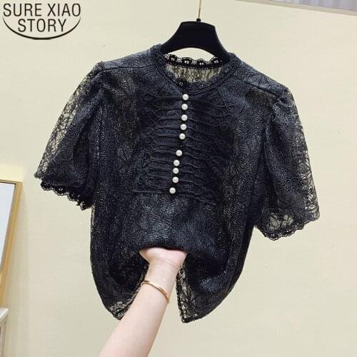 Women Short Sleeve Shirt 2021 Summer New Vintage Palace Style Lace Blouse French Puff Sleeve Pullover O-neck Blusas Mujer 15001
