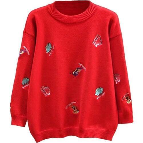 Womens Plus Size Animal Embroidery O-neck Long Sleeve Pullovers Sweater 2XL-4XL