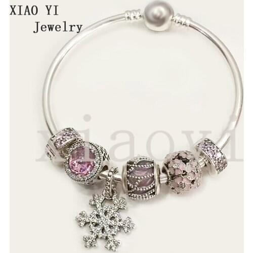 XIAOYI 2020 new 100% s925 Pink Daisy snowflake with beads charming fashion high quality bracelet for girlfriend female