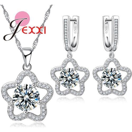 Fiver Star Design Top Quality Fashion Cubic Zircon Crystal Rhinestone Necklace And Earrings 925 Sterling Silver Set Women