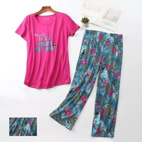 Women Cute Cotton Pajamas Set Short Sleeve T-Shirt&Pant Pyjamas Print Sleep Suit 2PCS O-Neck Soft Sleepwear S-3XL Home Nightwear