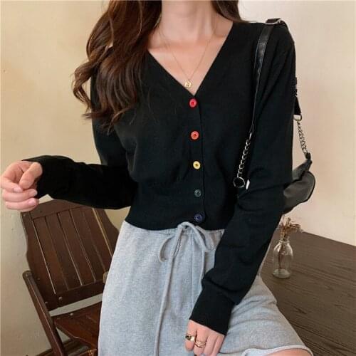 Womens Knitting Cardigan Cute Color Button Slim V-neck Long Sleeve Knitted Thin Short Top Wholesale 2021 New Female Clothing