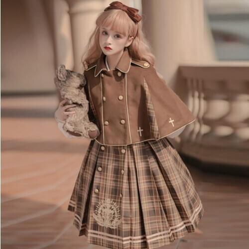 Royal Detective Womens England Style Long Sleeve Plaid Check Lolita Dress & Cross Embroidery Cape Cute Girl