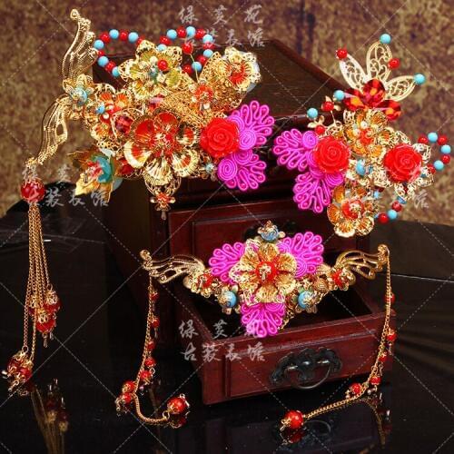 Golden Red Beading Bride Wedding Hair Tiaras Pink Chinese Button Photography Hair Accessories 3 -Piece-Set