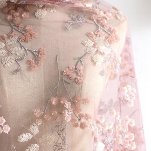 1Yard/lot 130cm Pink purple sequins embroidery 3D flowers mesh lace fabric diy wedding dress designer handmade diy cloth