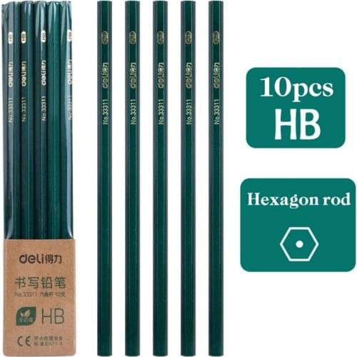 10pcs Deli 2B/HB Wood Pencil Student Pencil Writing Drawing Sketch Wood Hexagon Rod Black Pencil