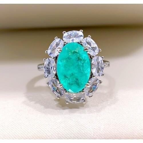2021 Luxury 8*12MM Oval Cut Flower Design Emerald Paraiba Tourmaline Gemstone Adjustable Rings For Women Fine Jewelry Gifts