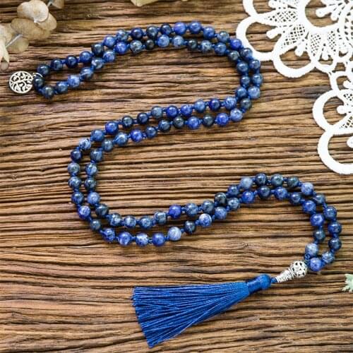 8mm Natural Blue-Vein Stone Lapis Lazuli Beaded Knotted Necklace Meditation Yoga Jewelry 108 Mala Rosary with Tree of Life