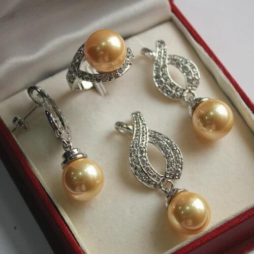 Noble ladys silver plated 12mm golden shell pearl pendant, earring, ring sets