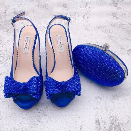 BS1327 Custom Handmade Slingbacks High Heels Women Bridal wedding Shoes Royal Blue Crystal Bow Shoes With Matching Bag Set