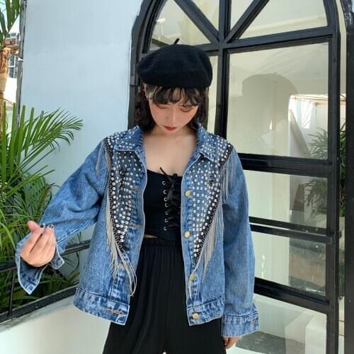 Black Oversized Rivets Women Denim Jacket With Tassel 2020 Spring Streetwear Vintage Ladies Jeans Jacket Coat Loose Outwear
