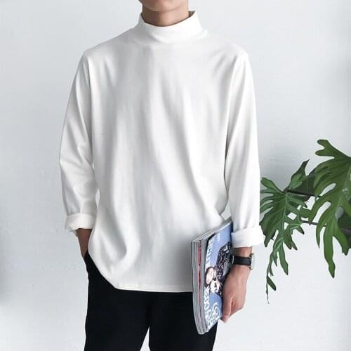 Autumn New Korean Slim Fit Mens T Shirts O-Neck Long Sleeve Cotton Tops Tees Black White Gray Yellow