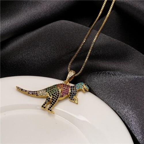 Hot Sale Hip Hop Punk Jewelry Luxury Colourful CZ Pave Setting Dinosaur Pendant Necklace For Women Men Party Jewelry Accessories