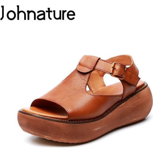 Johnature Genuine Leather Ankle-wrap Casual Platform Sandals Solid Buckle Strap Retro Sewing Back Strap Flat With Women Shoes