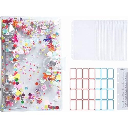 15 Pieces A6 Budget Binder Glitter Cover Cash Envelopes with 12Pcs 6 Hole Clear PVC Loose Leaf Bags ,Sticker Labels, A Ruler