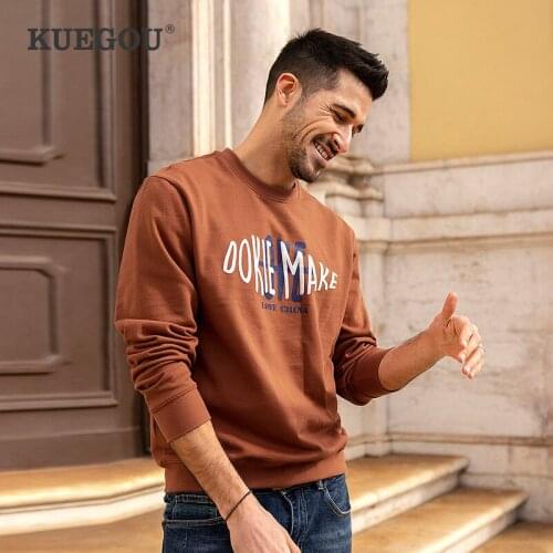 KUEGOU New Spring Autumn 100% Cotton Letter Printing Hoodies Men‘s sweatshirt O-neck Fashion Pullover Top Plus Size LW-26087