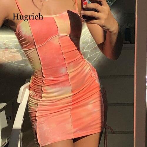 Fashion Strap Tie Dye Ruched Summer Dress Women Drawstring Patchwork Bodycon Club Party Dress Sundress Sexy Dresses