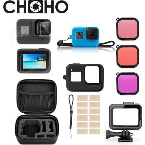 For Gopro 8 Black Accessories Sets Waterproof Case Dive Filter Frame Case Screen Protector Silicone Shell For Go Pro Hero 8