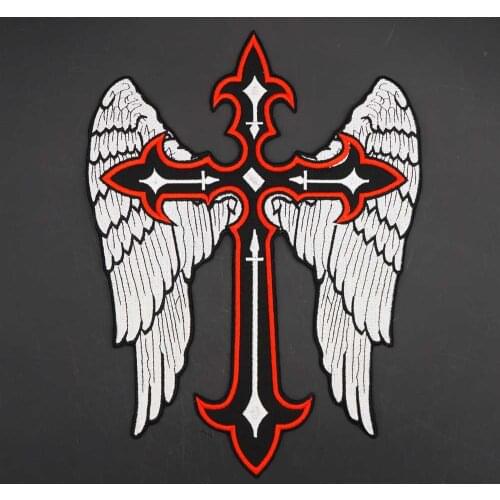 Cross Wings Christian Embroidered Patch Biker Rider Patches for Clothing Jacket Iron on Backing