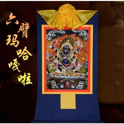 Wholesale Buddhist supplies HOME temple Efficacious protective talisman Six arm mahakala buddha Thang-ga Thangka painting