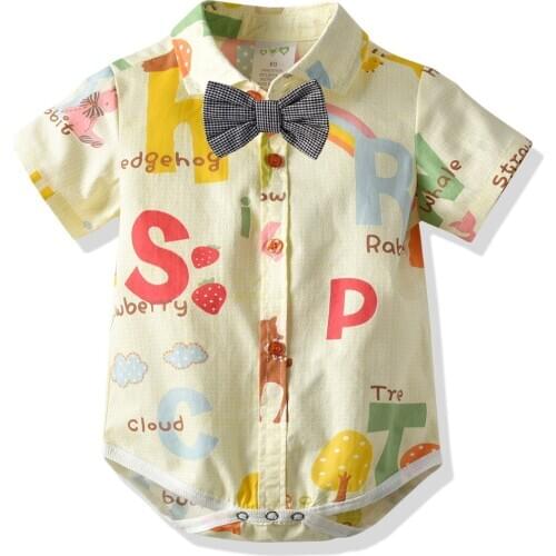 0-2 Years Baby Boys Print Shirt One-piece Bodysuit Summer 2020 Fashion Cotton Newborn Toddler Boy Romper Infant Clothes&Bow Tie