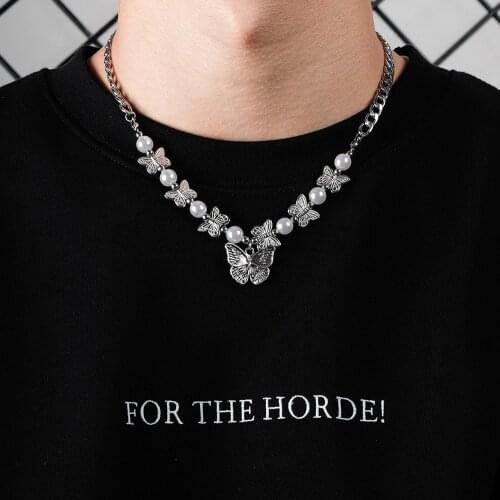 EYEFUNNY Pearl Butterfly Necklace Dark Sweater Chain Hip Hop Trend Street Fashion Accessories Tide Brand Jewelry