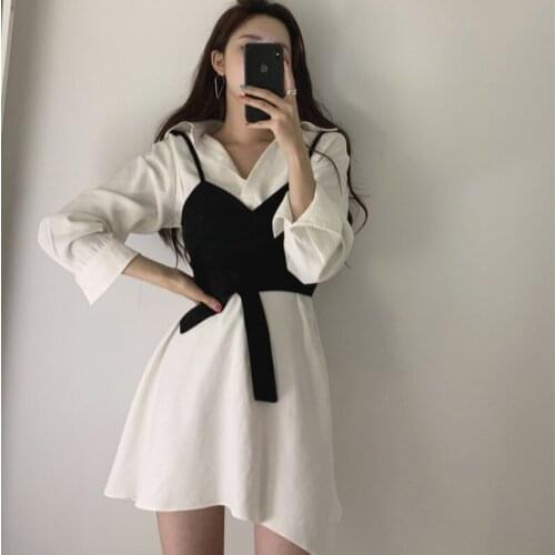 OL Fashion Temperament Korea Chic White Lapel Shirt Dress Irregular Mini Long Sleeve Vest Sling Camisole Tops Autumn Wild
