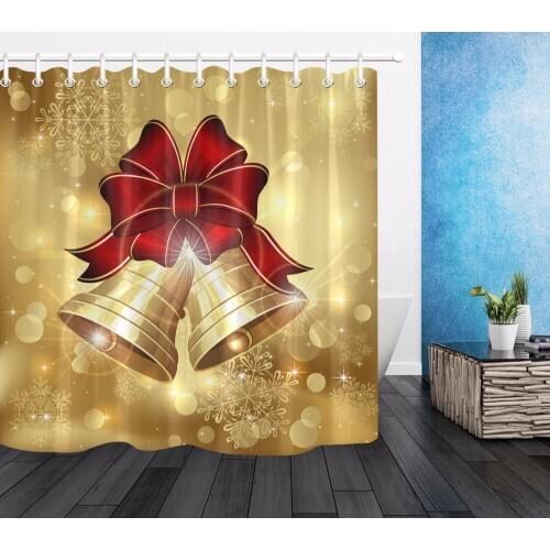 Christmas Bell Tied with Red Ribbon Gold Shower Curtain Bathroom Mildew Resistant Waterproof Polyester Fabric for Bathtub Decor