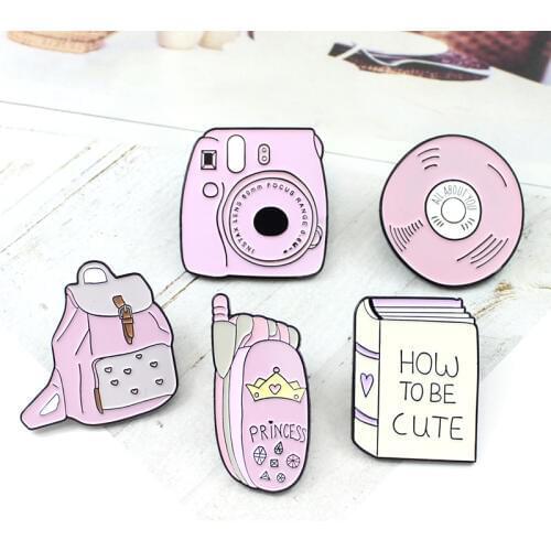 Pink Camera Phone Bag Book CD Cartoon Brooch Princess How to Cute Focus Music Disc Enamel Pins Girl Shirt Badge Gift for Kids