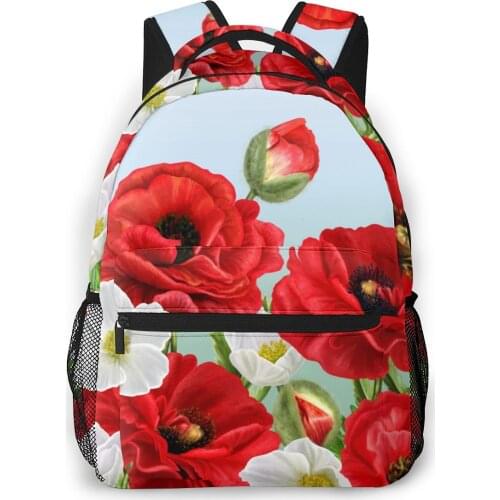 OLN Backpack Women Shoulder Bag For Teenage Girls Floral Border Red Poppies Flowers And Anemones Bagpack Ladies School Backpack