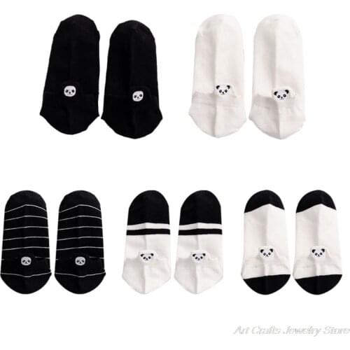 Female Girls Cute Cartoon Panda Embroidery Cotton Boat Socks Black White Stripes Low Cut Shallow Mouth Short Hosiery M10 21