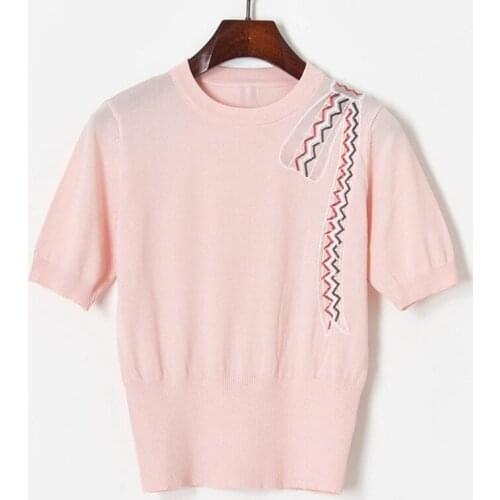 Knitted Black T Shirt 2021 Summer Tee Pink Women Fashion Tops White Knitwear Sequined Bow Round Neck Short Sleeve Tshirt Women