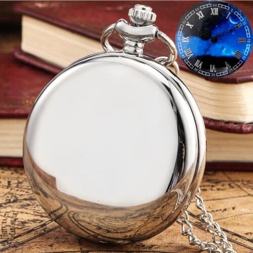 Unique Starry Blue Dial Retro Black/Silver Smooth Face Quartz Pocket Watch Necklace Pendant Souvenir Presents for Husband Wife