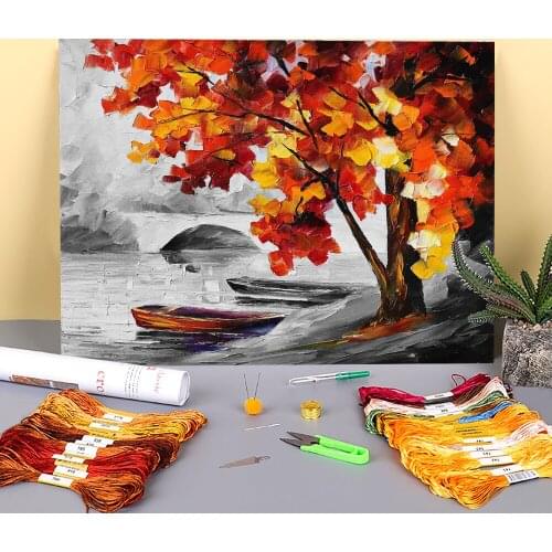 Boats By The Bridge Printed 11CT Cross-Stitch DIY Embroidery Full Kit DMC Threads Handmade Handicraft Hobby Stamped