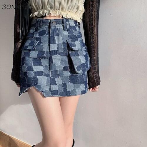 Skirts Women College Big Pockets Design Plaid Popular All-match Denim Summer Casual Aesthetic Harajuku High Waist A-Line Stylish